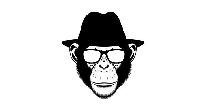 Stylized Monkey Face Wearing Sunglasses and Fedora Hat.