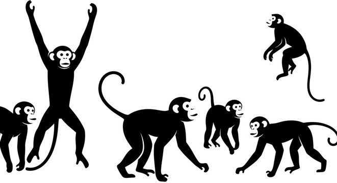 Collection of Silhouetted Monkeys in Various Poses.