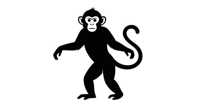 Silhouette of a Curious Monkey Standing on White Background.