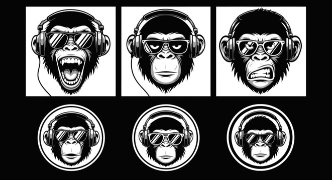 Three Monkeys Wearing Headphones and Sunglasses.