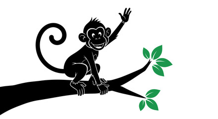 Silhouette of a happy monkey waving from a tree branch. © Aruna