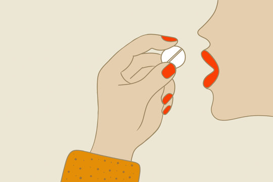 Woman taking a pill with red nail polish illustration
