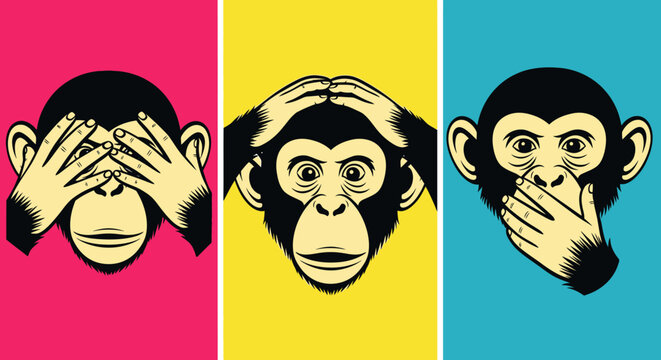 Three Wise Monkeys See Hear Speak No Evil Concept.