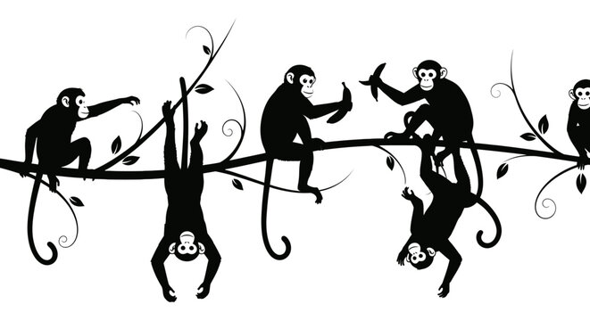 Silhouette of playful monkeys swinging on tree branches.