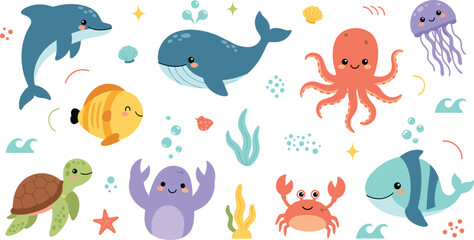 Obraz premium Cute Marine Animal Cartoon Collection Featuring Dolphin Whale Octopus Crab Turtle Jellyfish and Fish in Colorful Flat Style for Kids Ocean Design Projects.