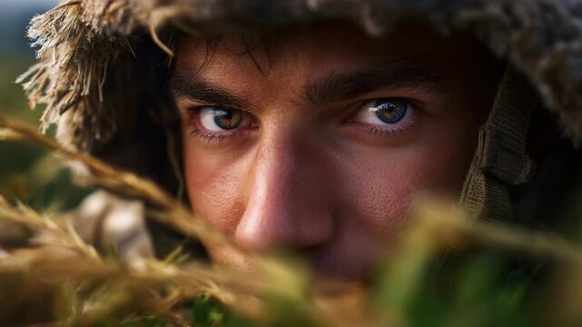 A soldier's intense gaze peering through the grass, capturing the essence of focus and determination amidst a natural camouflage, highlighting resilience and bravery.