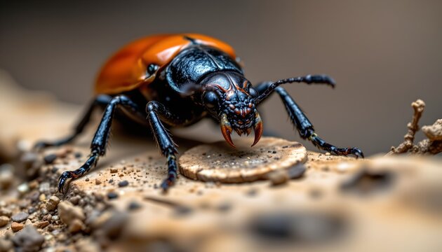 The image depicts a close up of a beetle like insect with a shiny black head and vibrant orange wings