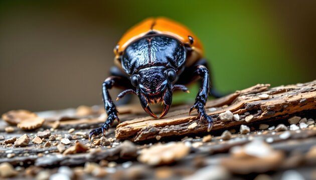 The image shows a close up of a beetle with a shiny black head and thorax, and vibrant orange elytra (wing covers)
