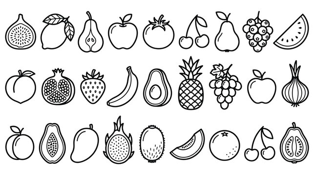Assortment of fresh fruits and vegetables vector icons.