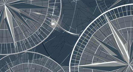 Obraz premium Intricate seamless pattern featuring multiple overlapping stylized compass roses with grid lines in shades of grey and white, symbolizing navigation.