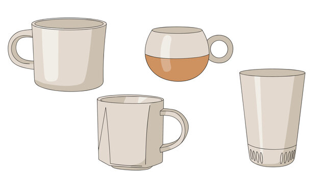 Collection of minimalist ceramic mugs and glasses in neutral tones features various shapes and sizes for kitchen decor.