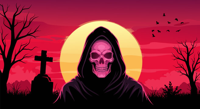 Grim Reaper vector illustration with a skull head in a dark cloak against a sunset backdrop with a tombstone and crows, eery and spooky atmosphere