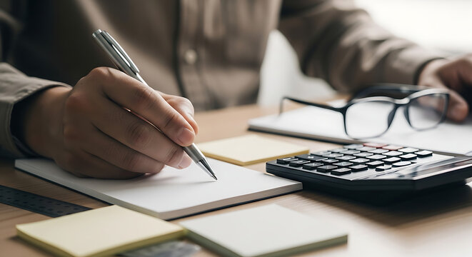 Hand writing in a notebook with a pen, calculator and glasses on desk, close-up
