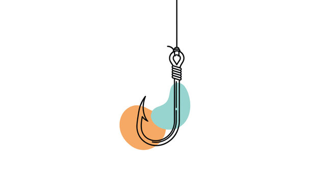 Simple illustration of a single fishing hook hanging from a line with abstract orange and teal shapes in the background.
