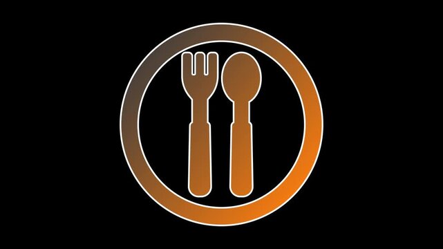 Seamless pulsing 4K animation of a fork and spoon silhouette logo with brown to orange gradient. Professional restaurant or canteen symbol on alpha channel for branding and dining identities
