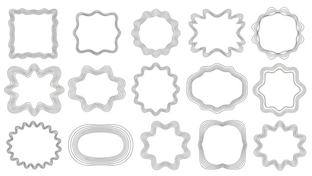 Set of fifteen diverse decorative borders in various shapes including circles, squares, and stars, featuring fine parallel line patterns.