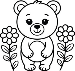 Obraz premium Cute little teddy bear illustration standing between two simple flowers for children coloring book