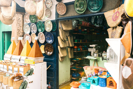 Handcraft souvenir shop display in Morocco market stall