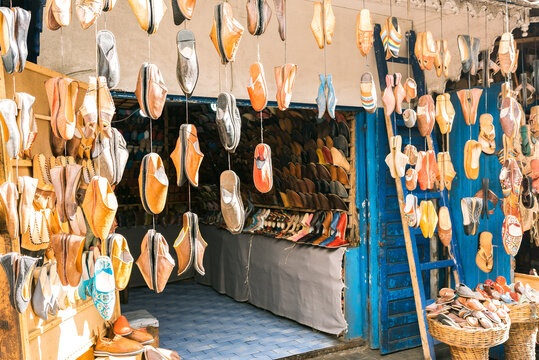 Traditional handmade leather footwear shop in Morocco market