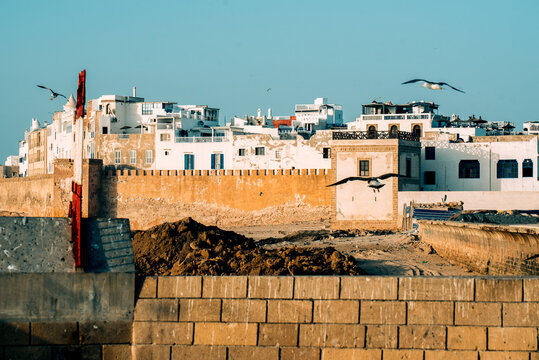 Moroccan fort city walls and medina skyline in Essaouira
