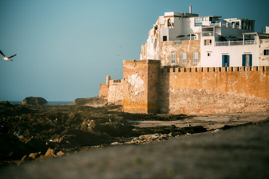 Seaside ramparts and medina walls in Essaouira, Morocco