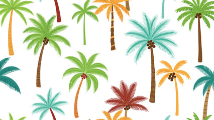 Fototapeta premium Vibrant seamless pattern depicts various types of palm trees in green, yellow, and blue shades creates a tropical and breezy summer atmosphere.
