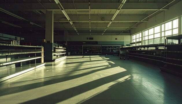 Interior view of empty supermarket shelves in a store with indoor lighting.