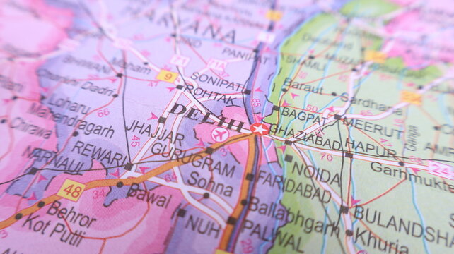 Delhi, India - Detail from a Colorful Political Map