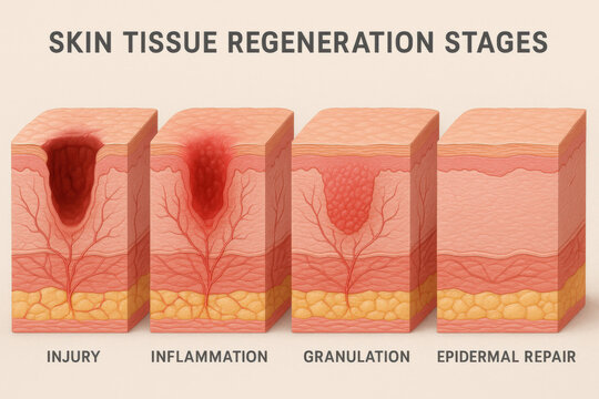 Informative medical illustration of skin tissue regeneration stages showing an injury site transforming through granulation tissue into smooth, healed epidermis