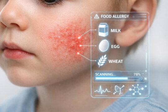 Worried child with red allergic rash on cheek. medical diagnostic augmented reality interface scans food allergy triggers like milk, egg, and wheat in futuristic concept