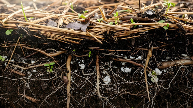 Soil cross section showing healthy plant roots and organic mulch layer, regenerative agriculture and carbon sequestration in living soil concept