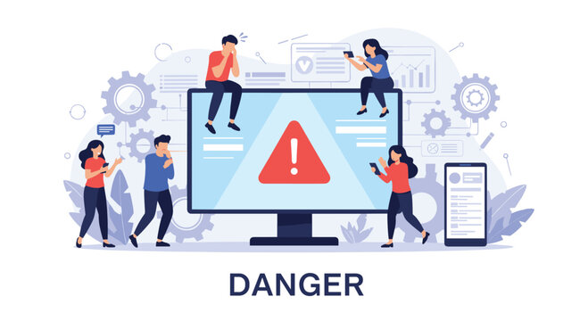 Group of people looking stressed and panicked while sitting around a computer screen displaying a large red danger warning triangle.
