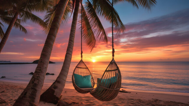 Tropical Beach Hammock Swings at Sunset with Palm Trees