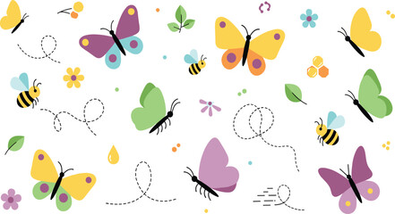 Fototapeta premium Seamless Pattern with Butterflies Bees and Flowers in Colorful Flat Style Featuring Nature Elements for Textile Print Wallpaper and Decorative Design Use.