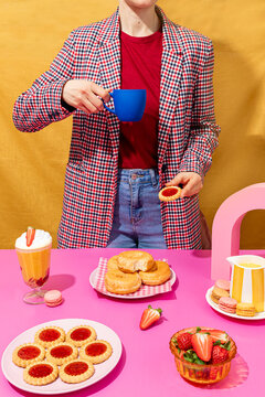 Colorful breakfast setting with pastries and coffee