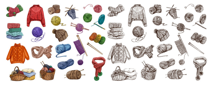 Hand drawn vintage sketch set of knitting clothes yarn balls needles textile collection colored and monochrome illustration bundle