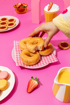 Sweet breakfast with donuts and assorted treats