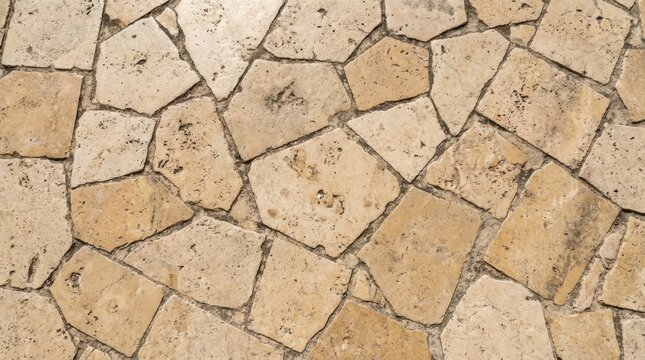 Cream irregular stone patio with organic flagstone pieces and natural pores, paver patterns in top view for rustic outdoor flooring reference, limestone texture background, sunlit surface