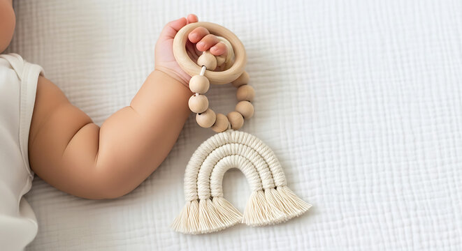 Baby holding wooden rainbow teether toy on white background
