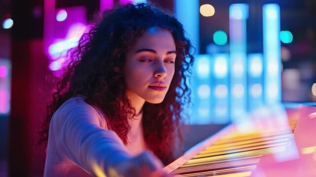 Experience a journey into a world of dazzling neon lights. A young woman engages with colorful elements in a futuristic setting. Immerse yourself in this artistic vision. AI.