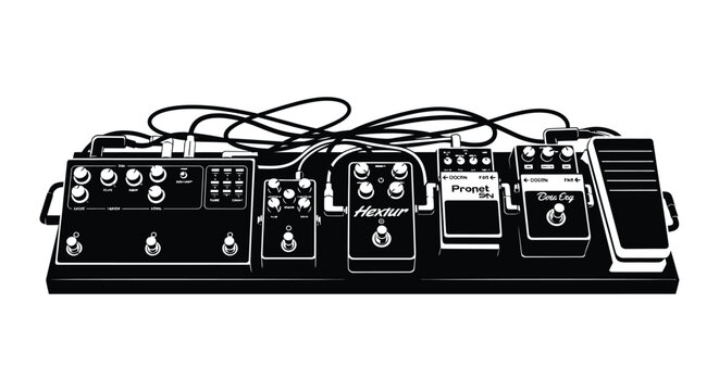 A black and white graphic of guitar effects pedals a silhouette
