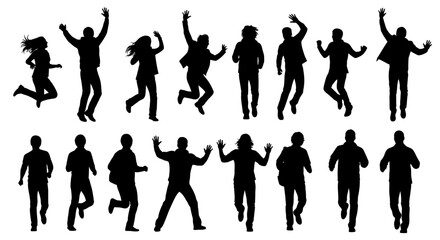 Fototapeta premium Silhouettes of people jumping and running in energetic poses.