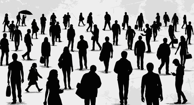 Crowd of diverse people walking in silhouette.