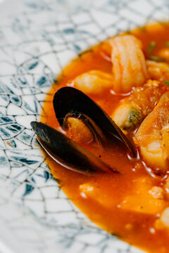 Traditional bouillabaisse seafood stew with saffron tomato broth