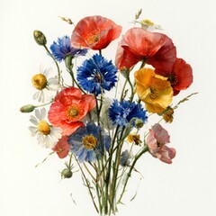 Fototapeta premium Wildflowers Captured in Watercolor Featuring Poppies, Cornflowers, and Chamomile Arranged on a White Background With Scattered Petals