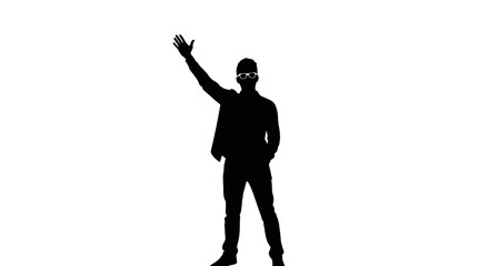 Silhouette of a Man Waving Hello Against White Background. © ayu