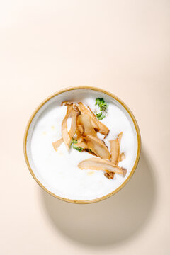 Cream of mushroom and parsnip soup with roasted chanterelle