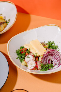 Vegetable salad with brynza, radish and dill in bowl