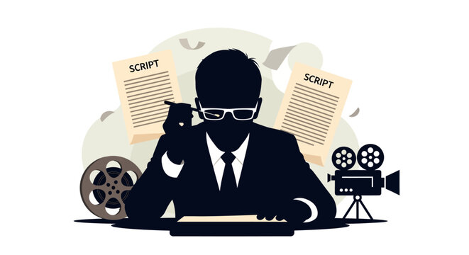 Silhouette of a screenwriter working on a script with film equipment.