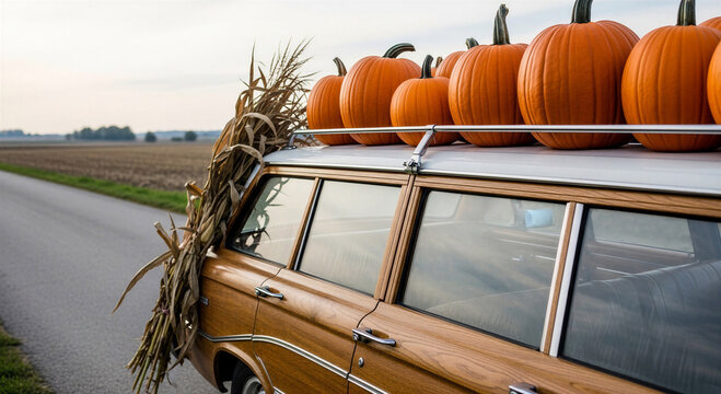 Vintage car with pumpkins on roof driving on rural road in autumn  